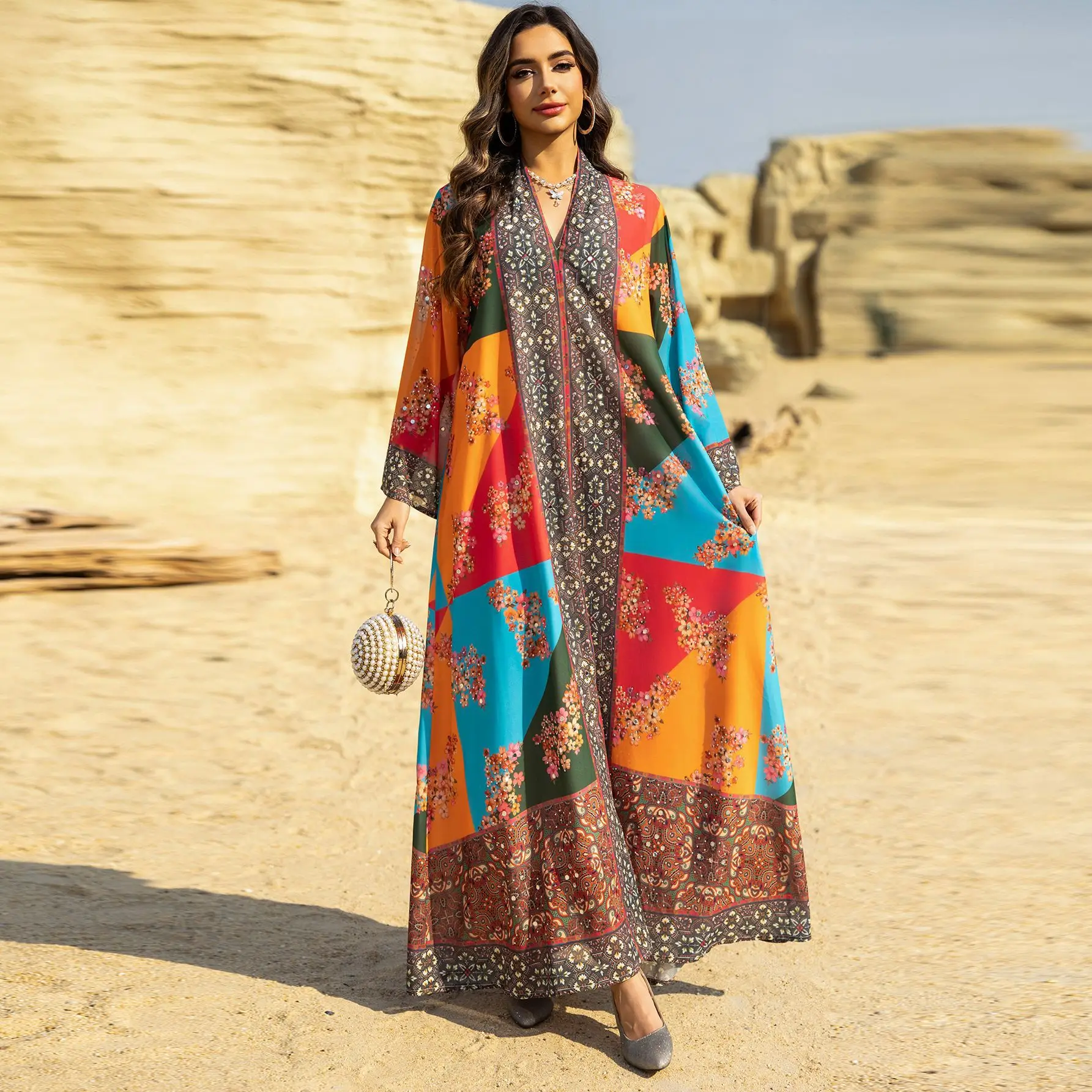 

Eid Print Muslim Dress Diamond Abaya Dubai Jalabiya Party Caftan Dresses for Women Kaftan Arab Long Robe Ramadan Vestidos Largos