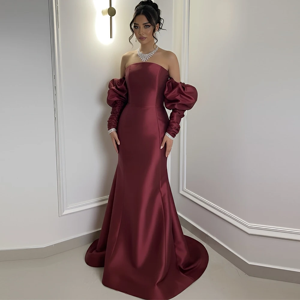 

Elegant Mermaid Strapless Prom Dresses Exquisite Satin Saudi Evening Dress Classic Sweep Train Customized Special Occasion Gowns