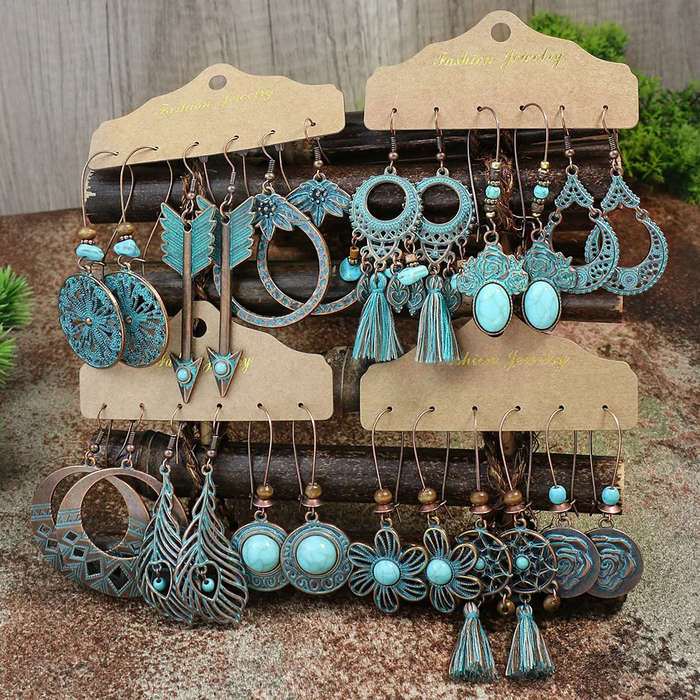 Vintage Bronze Big Tassel Drop Earrings Set Women Ethnic Blue Stone Feather Flower Geometric Earrings Jewelry 2023 Accessories