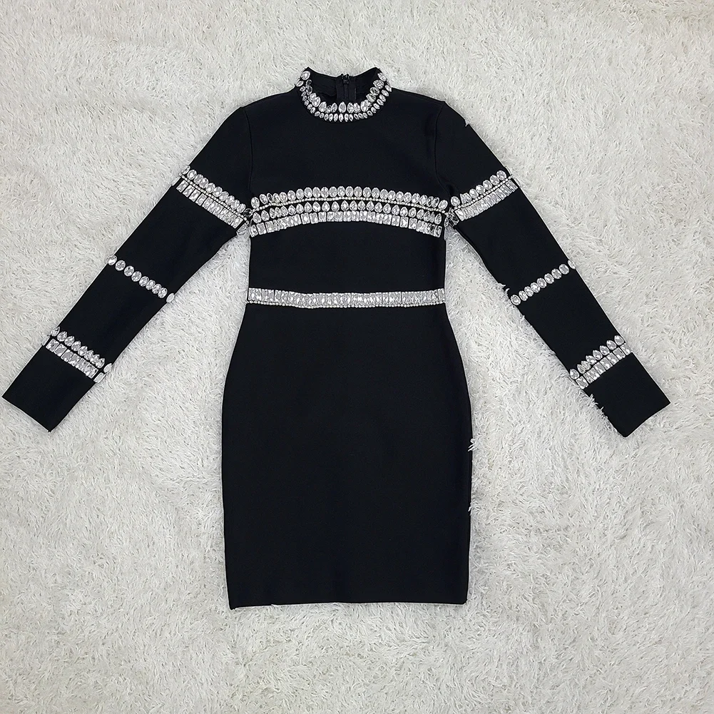 Wholesale High-quality Rhinestone Design Long-sleeved Bandage Dress Black Classic Solid Color Handmade Casual Formal