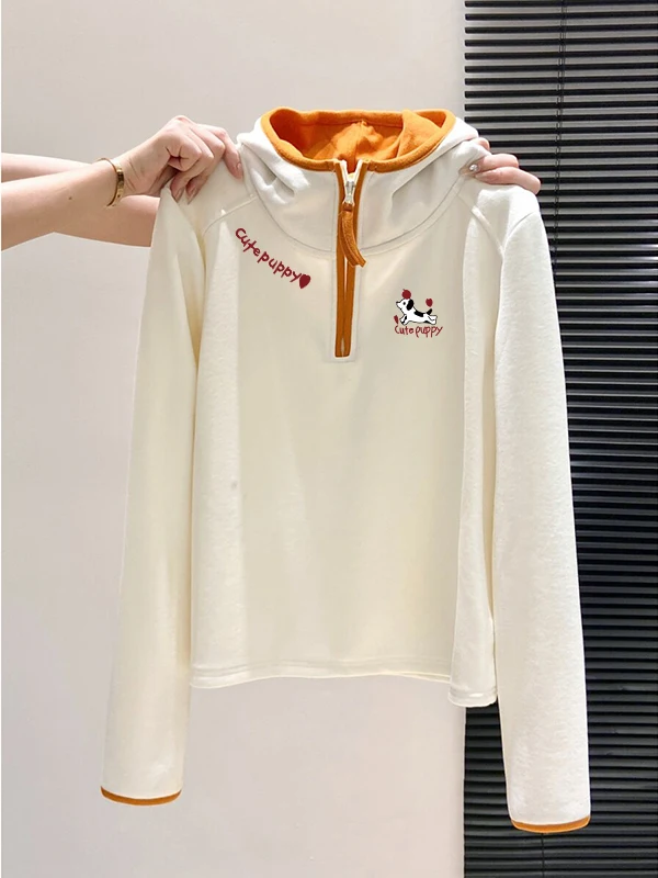 

Утепленная толстовка с длинными рукавами для женщин, модный дизайн с контрастными цветами, теплый топ на молнии для повседневной носки осенью и зимой