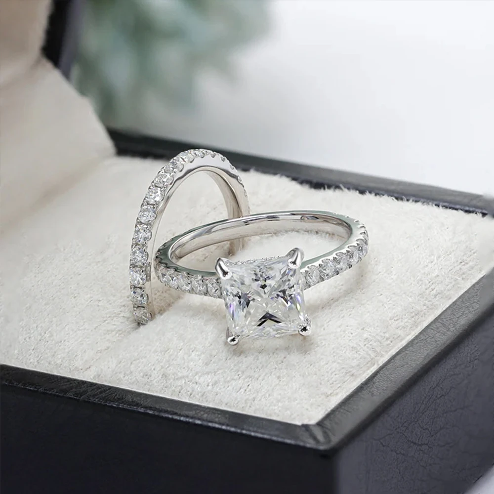2 Carat D VVS1 Princess Cut Full Moissanite Rings for Women S925 Sterling Silver Engagement Ring Set Wedding Bands Jewelry GRA