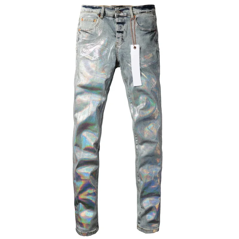 Jeans di marca di moda di alta qualità Top Street Coating Silver Repair Pantaloni skinny in denim a vita bassa