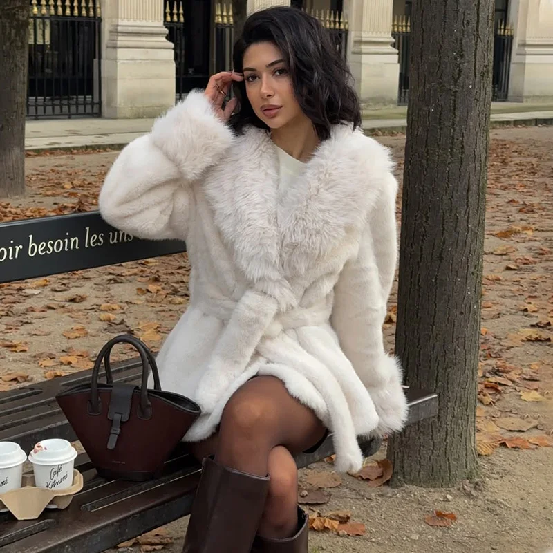 TARUXY luxueux vison fausse fourrure de renard manteau femmes mode élégant grand col de fourrure longue mince à lacets veste de fourrure hiver femme manteau