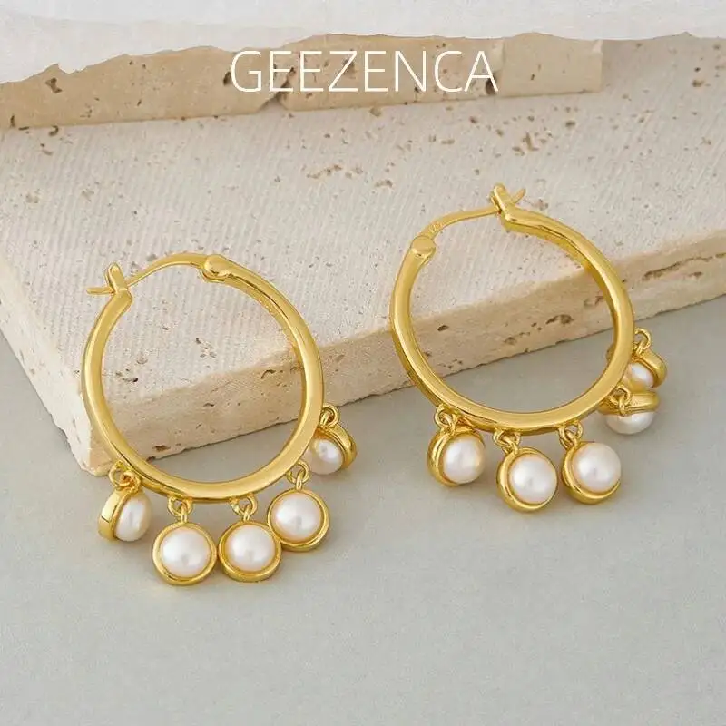 

GEEZENCA Natural Pearl 925 Sterling Silver 18K Gold Hoop Earrings For Women Classic Minimalism Chic Earring 2024 New Party Gift