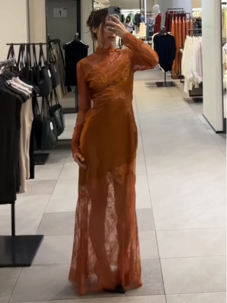 Damen Slim Fit Spitzen-Satin-Meerjungfrauenkleid mit hohem Kragen, langen Ärmeln, Rückenausschnitt, Maxikleid, formelles Kleid für Hochzeitsgäste und Partys. – Detail 13
