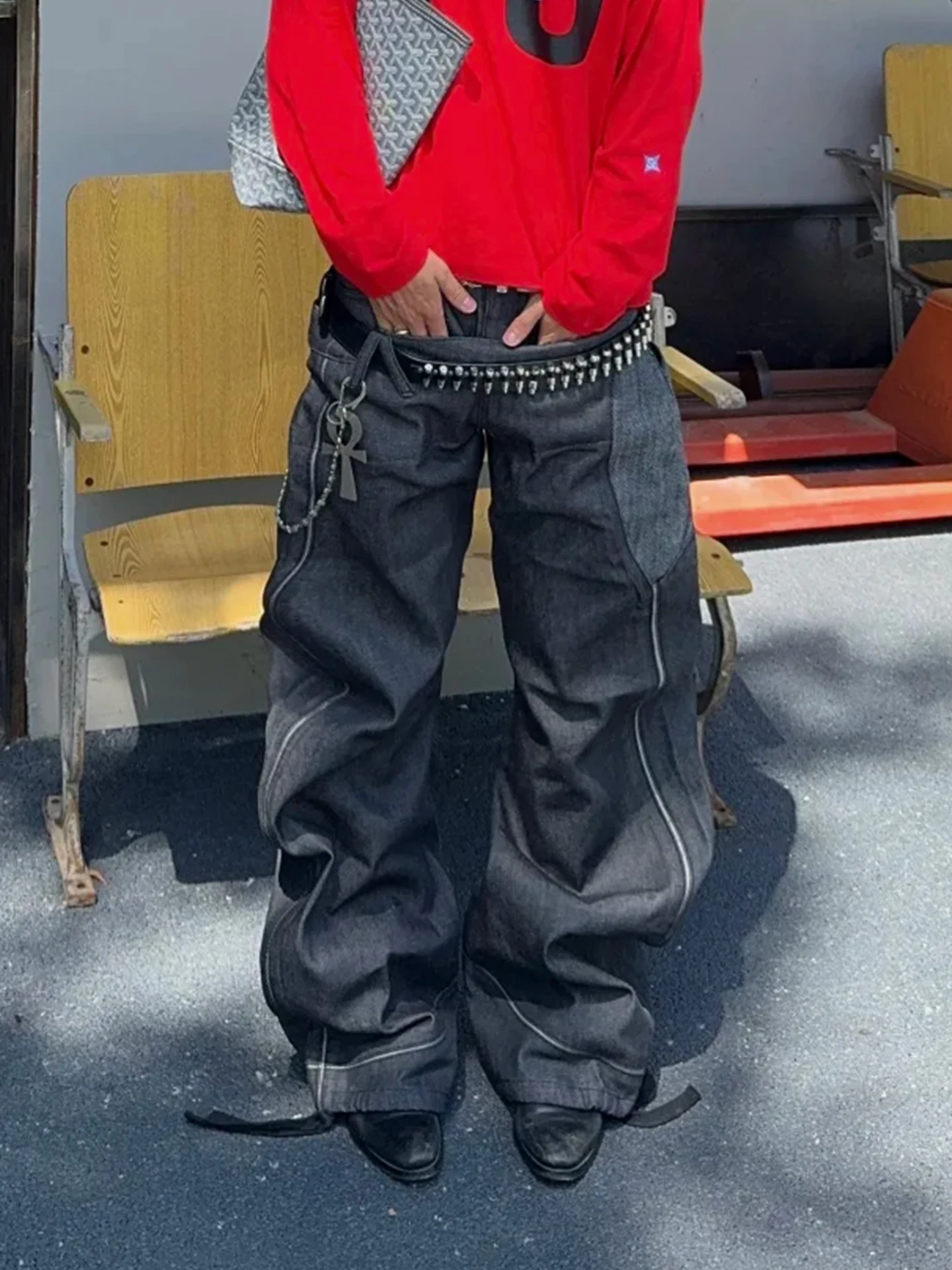 

Мужские джинсы-клеш Original Wide Leg Knife из денима в американском стиле High Street с дизайнерскими вставками и эффектом двухслойности, прямые брюки