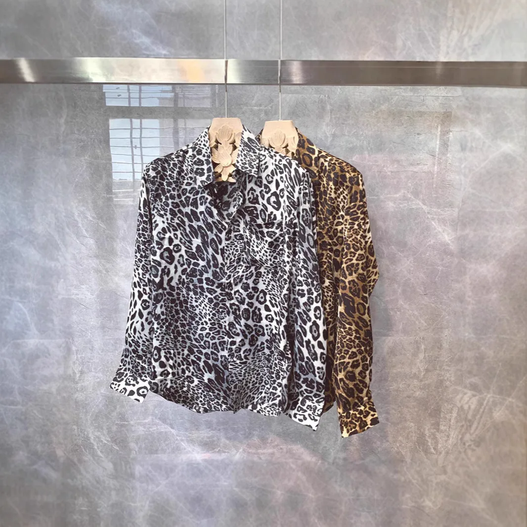 Korean Leopard Loose Long Sleeve Shirt Men's Casual Top