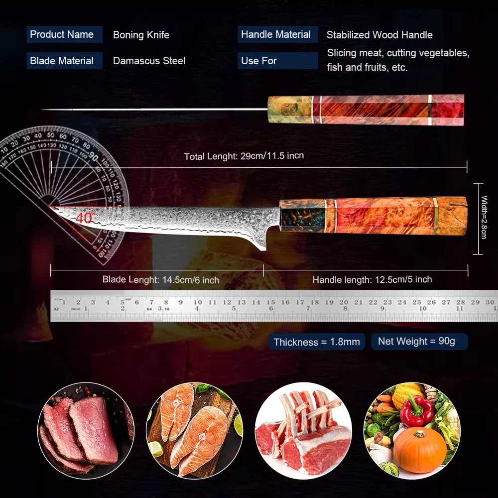 Professional Boning Knife Japanese Damascus Steel Kitchen Deboning Knife Fish Killing Knife Sashimi Knife with Leather Sheath