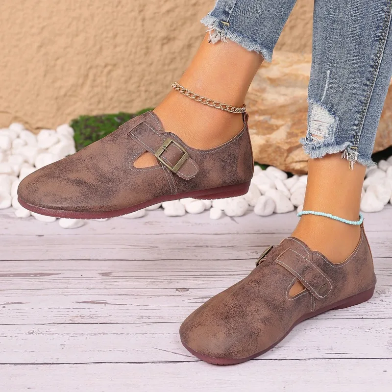 

2024 Faux Suede Spring Flat Low Heels Women's Autumn Vintage Toggle Mules Women's Soft-soled Cork Slippers Outdoor Walking Shoes