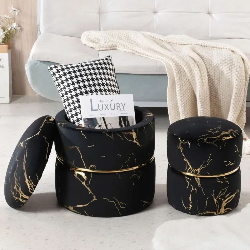 

16 Inch Round Footstool with 2-piece Storage Set, Modern Foot Cushion Copper Fabric Footstool