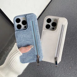 Zipper Cards Solt Wallet Denim Case for IPhone 15 Pro Max 14 Plus 13 12 Mini 11 6 7 8 SE 2022 Makeup Mirror Bag Pocket Cover