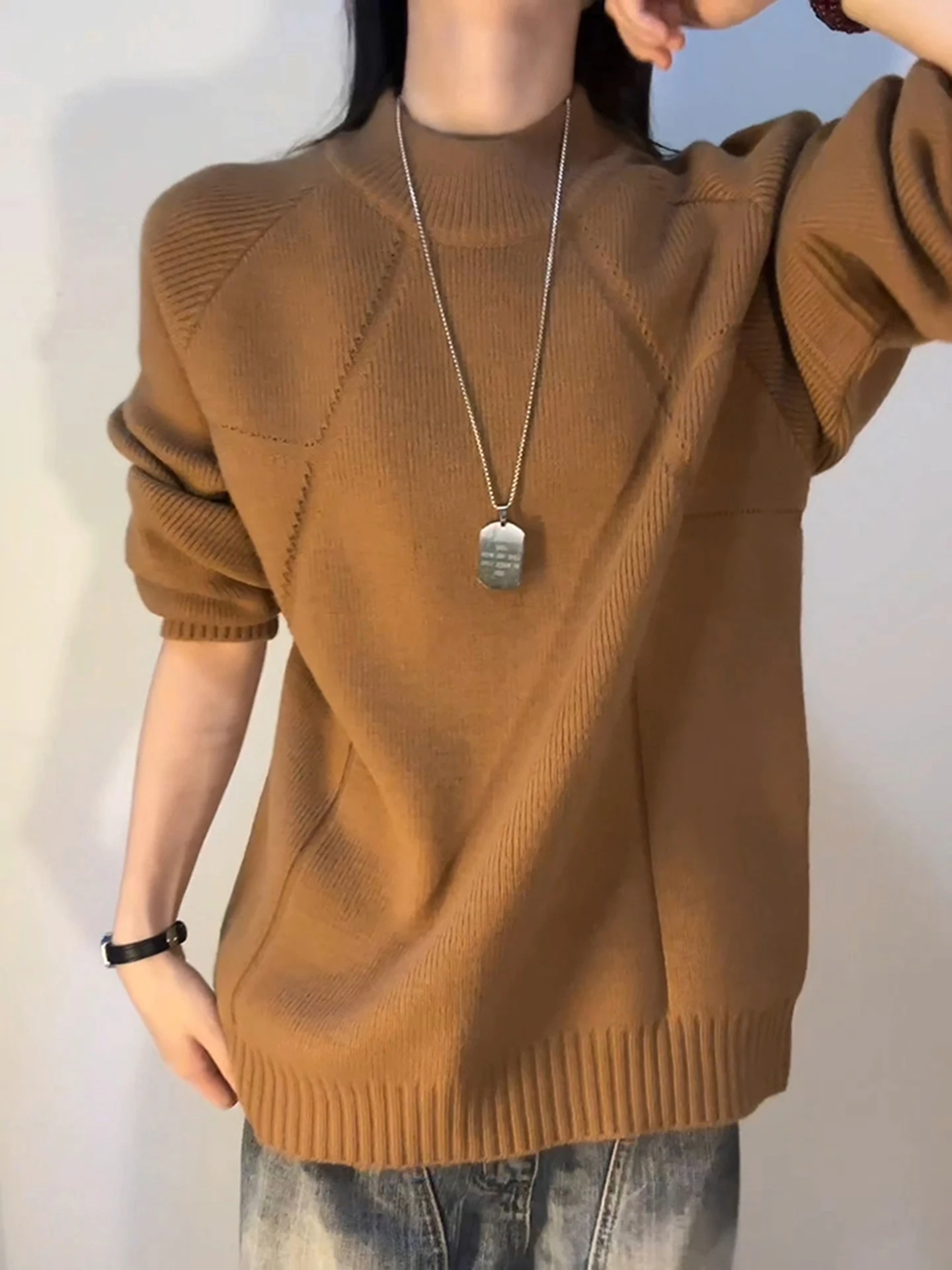 

American Retro Thiened Knitted Sweater Men's f High Collar Loose Fit Casual Sle Long Sve round Ne Pullover Autumn...