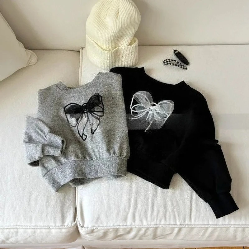 

Sweater 2025 Autumn and Winter Girls Cute Bow Print Long Sleeve Korean Casual Top Girls Solid Color Pullover