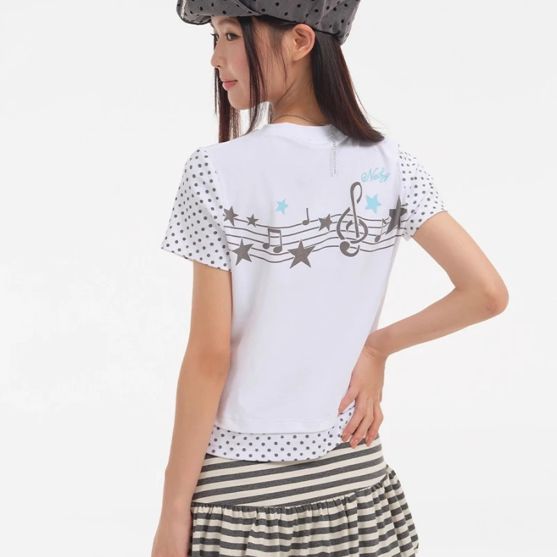 التصميم الياباني الأبيض Y2K الموسيقى ملاحظة ستار خارج الكتف قصيرة الأكمام المرأة تي شيرت جديد التخسيس تنوعا تي شيرت قصير السيدات #4