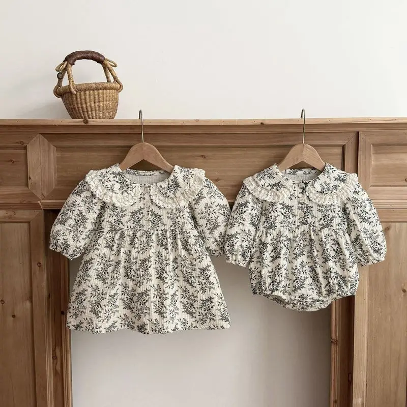 Spring and autumn cotton floral print girls' dress, baby romper, lace-trimmed collar, long-sleeved dress, matching outfits for s