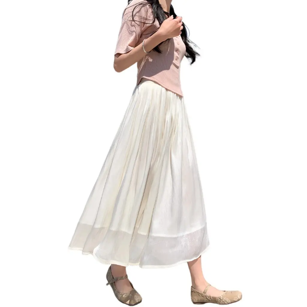 Weißer, schlankmachender A-Linien-Rock mit hoher Taille für Damen, Sommer, neuer langer, drapierter Netz-Überrock