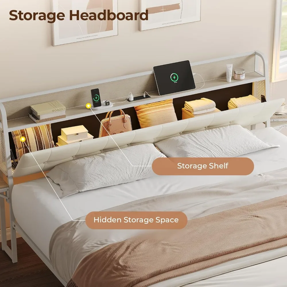 إطار سرير مزدوج مع لوح أمامي للتخزين وأضواء LED، وسرير بمنصة معدنية مع أرفف قابلة للطي ومحطة شحن، بدون زنبرك صندوقي #3