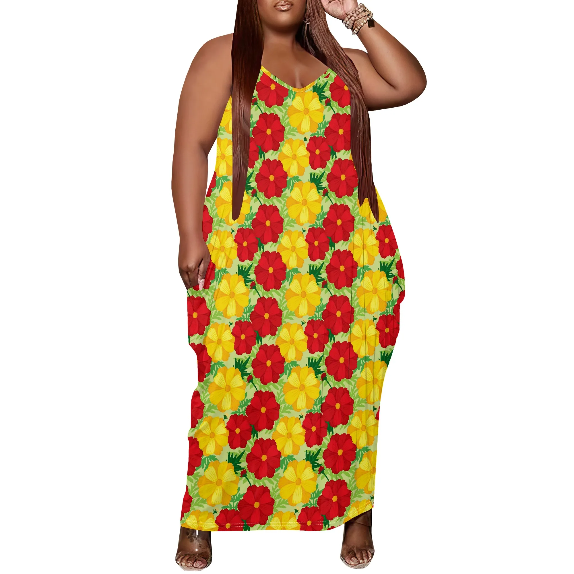 

Women Plus Size Dress Floral Print Loose Strap Long Dress with Pocket Elegant Laid-back XL-6XL