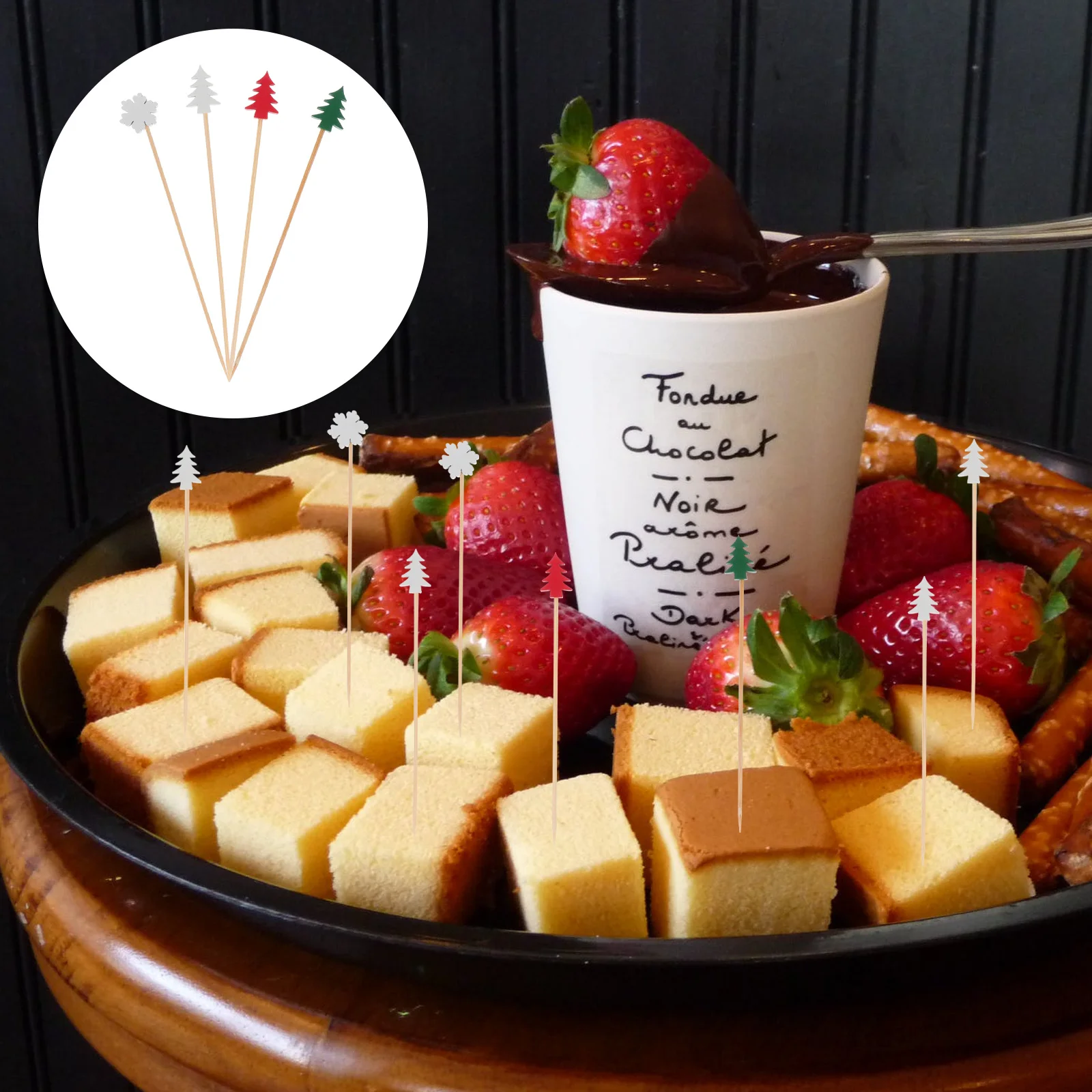 

100 шт., рождественская елка, снежинка, фрукты, бамбуковые палочки для коктейлей, отлично подходят для пальцев, еды, напитков, рождественских коктейлей