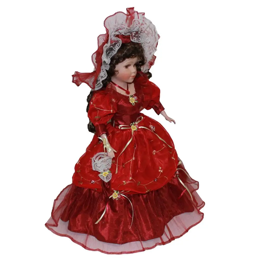 Porcelain Doll 15.74” Standing with Dress & Hat, And Curly Hair,