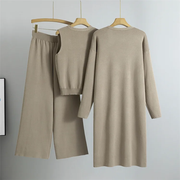 Cardigan Knitted Vest Wide Leg Pants Women Sweater Muslim Casual Long Ensemble Outfits Morocco Knitting Suit 3 Piece Sets Winter
