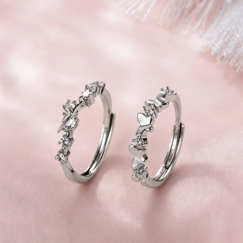 1 Pair Star Earth Butterfly Women's Ring Set Fresh Micro-Pave Zirconia Open Band Daily Wear Perfect Gift for Mom & Beloved