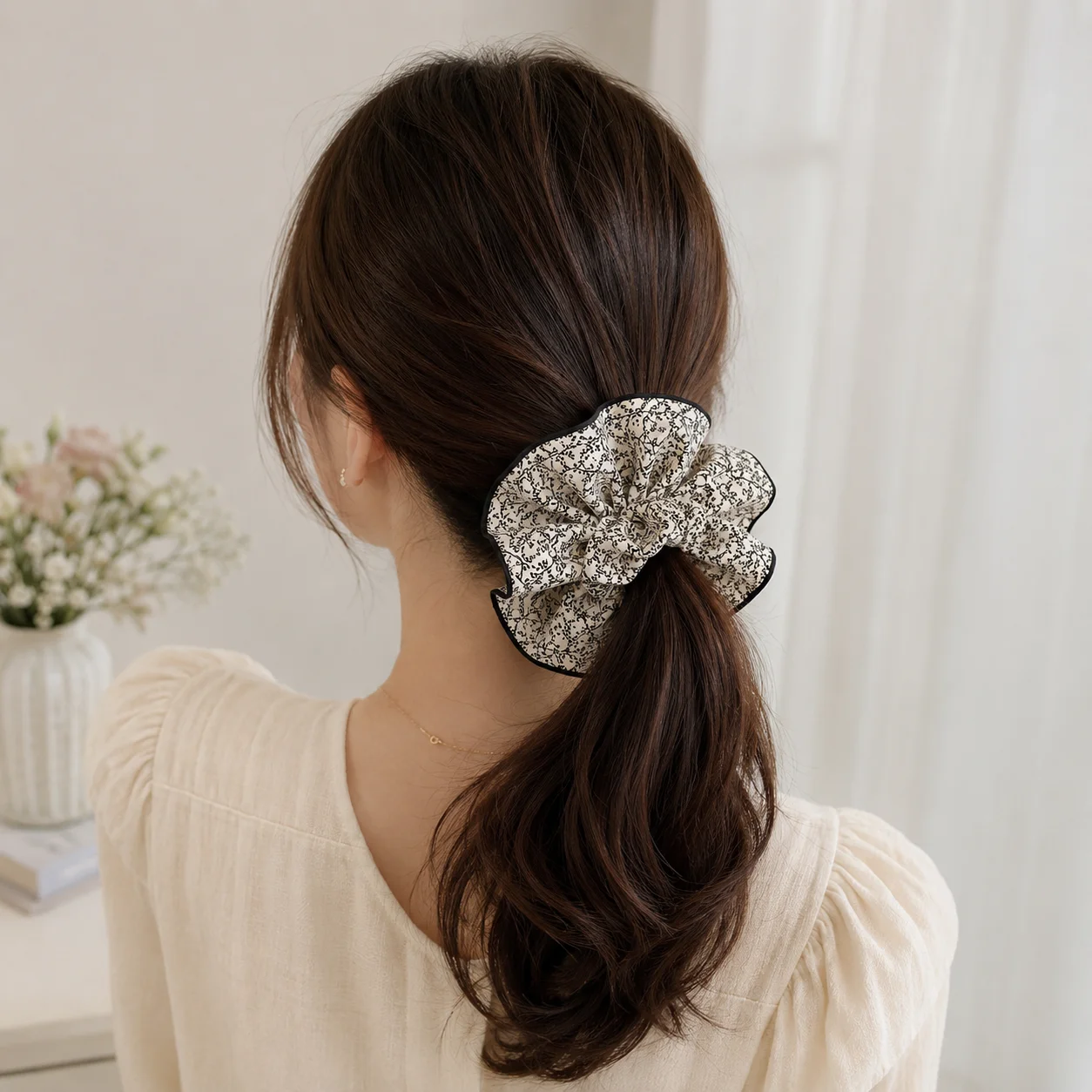 Large Floral Scrunchie Oversized Ruffle Hair Tie Elastic Ponytail Holder Hair Accessory for Women Girls