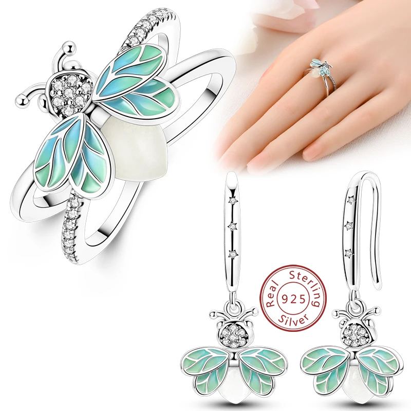 925 Sterling Silver Luminous Firefly Earrings Rings Set For Women Fine Birthday Wedding Jewelry Gifts