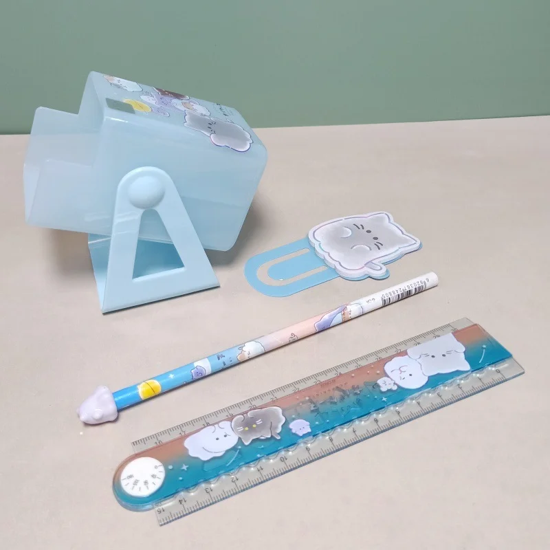 Cartoon Stationery Set Include Bookmark Stick Note Rotating Pen Holder Pencil Folding Ruler Student Stationery Learning Gift Box