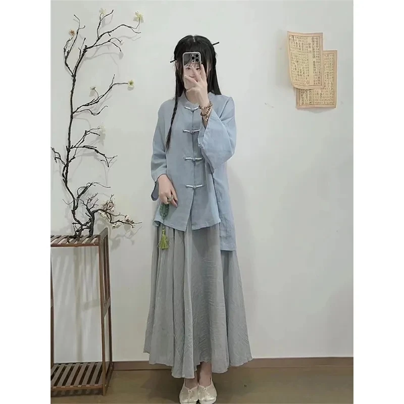 Air Liziqi tradisional Retro Hanfu elemen Set wanita baru gaya etnik Cina pakaian Tea V-Neck merasa malas celana kasual