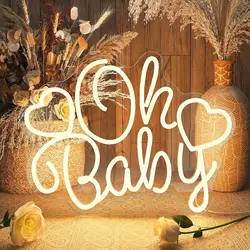 Oh Baby Heart Shaped Love Neon Sign Romantic LED Light for Bedroom Wedding Nursery Decor Valentines Day Gift White Glow Wall Art