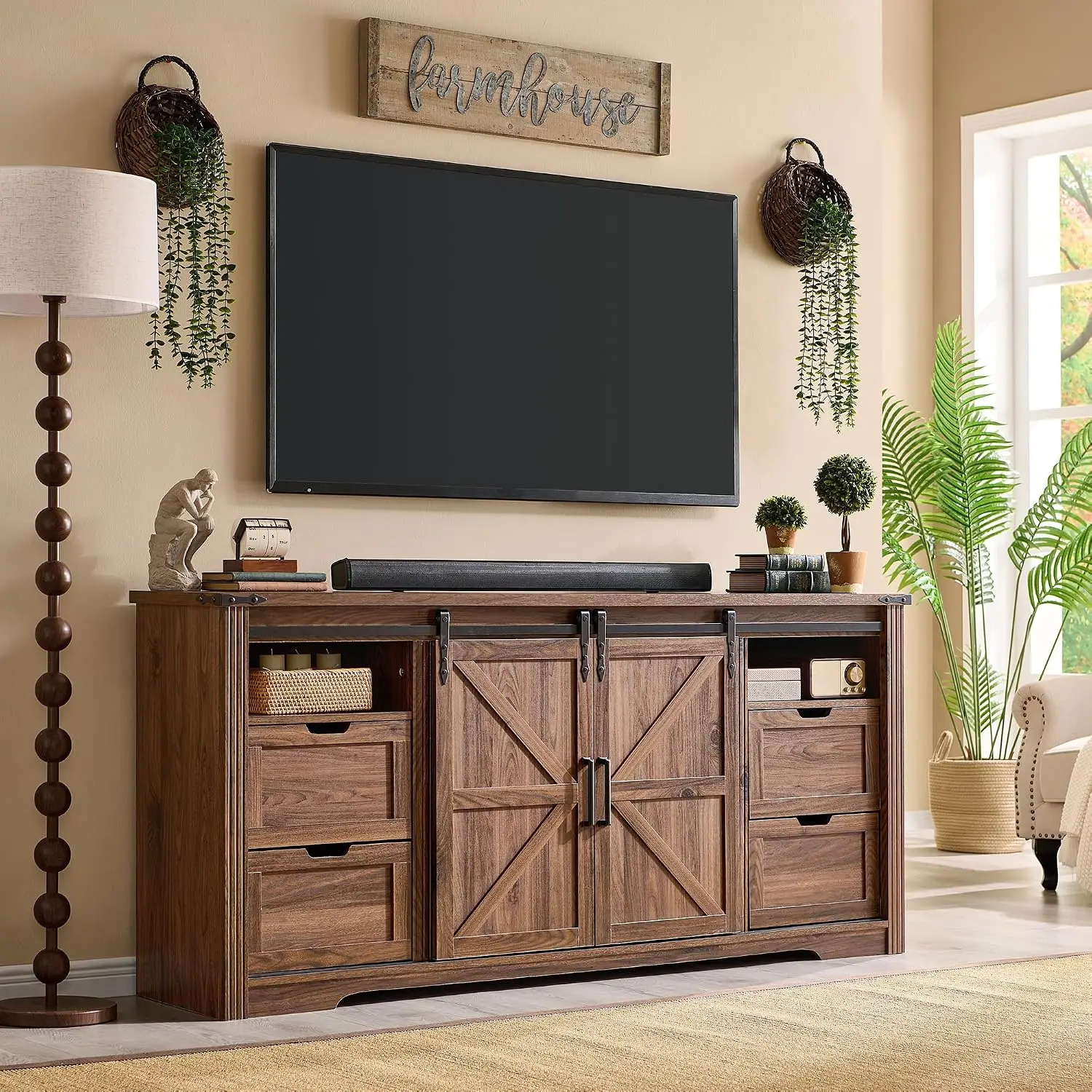 Farmhouse TV Stand 75 Inch 4 Drawers Sliding Barn Door Storage Entertainment Center, Customized