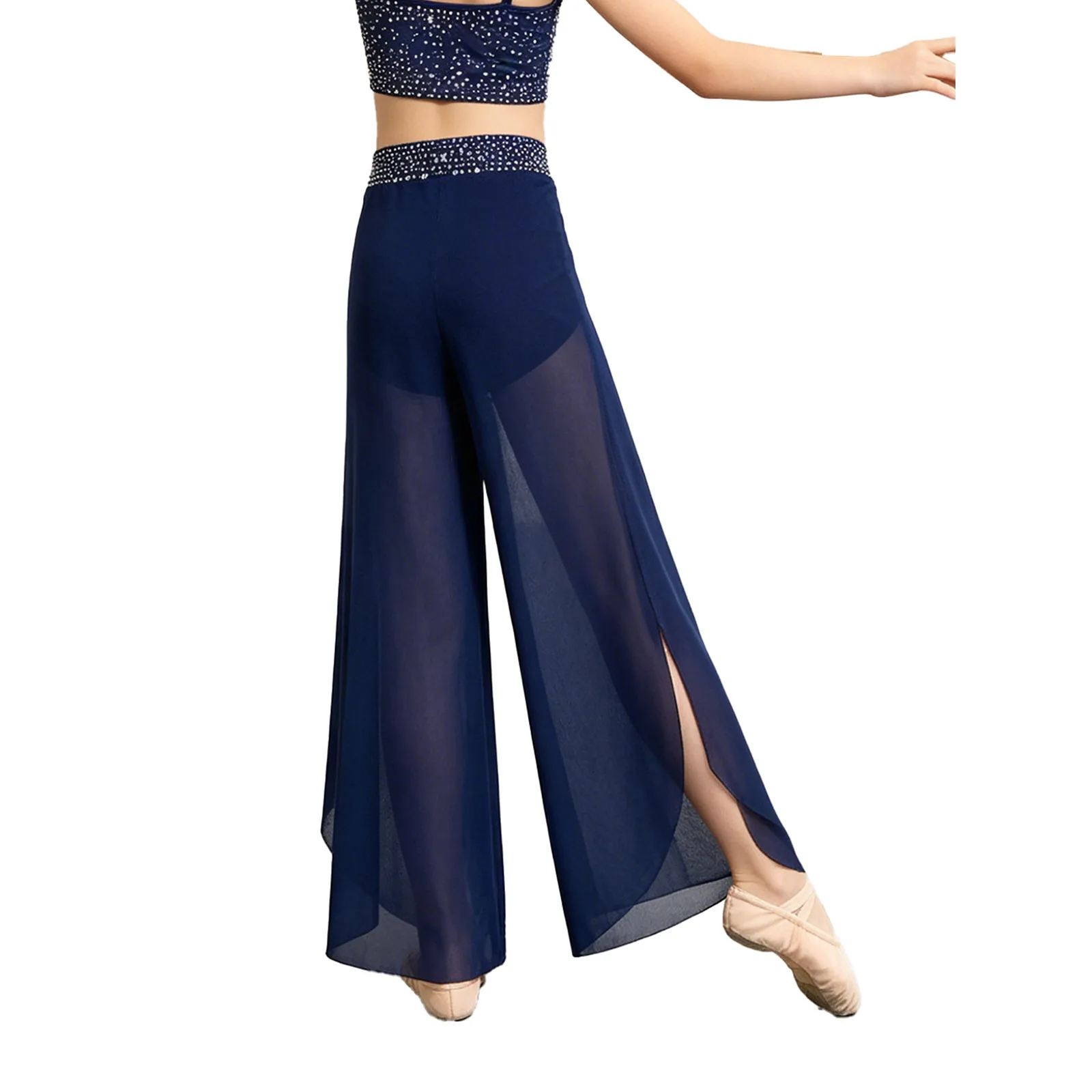 Teen Girls Lyrical Dance Pants Ballet Skating Gymnastics Contemporary Dancewear Shiny Rhinestone Side Split Sheer Mesh Trousers