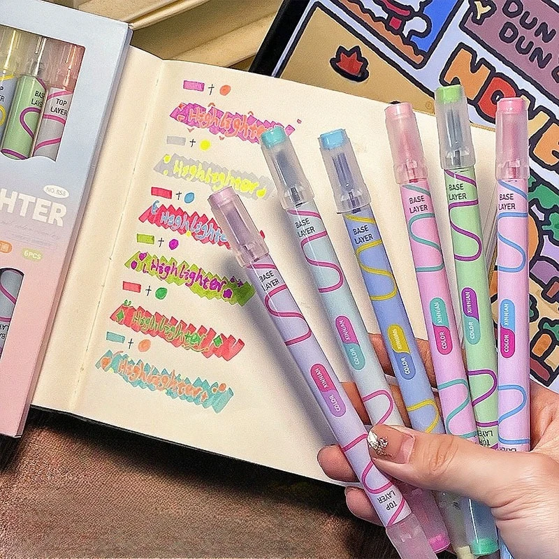 

6Pcs Dual-Tip Highlighter Markers - 6 Bright Colors With Fluorescent & Line Drawing Tips - Durable Plastic Pens Suitable For Sch