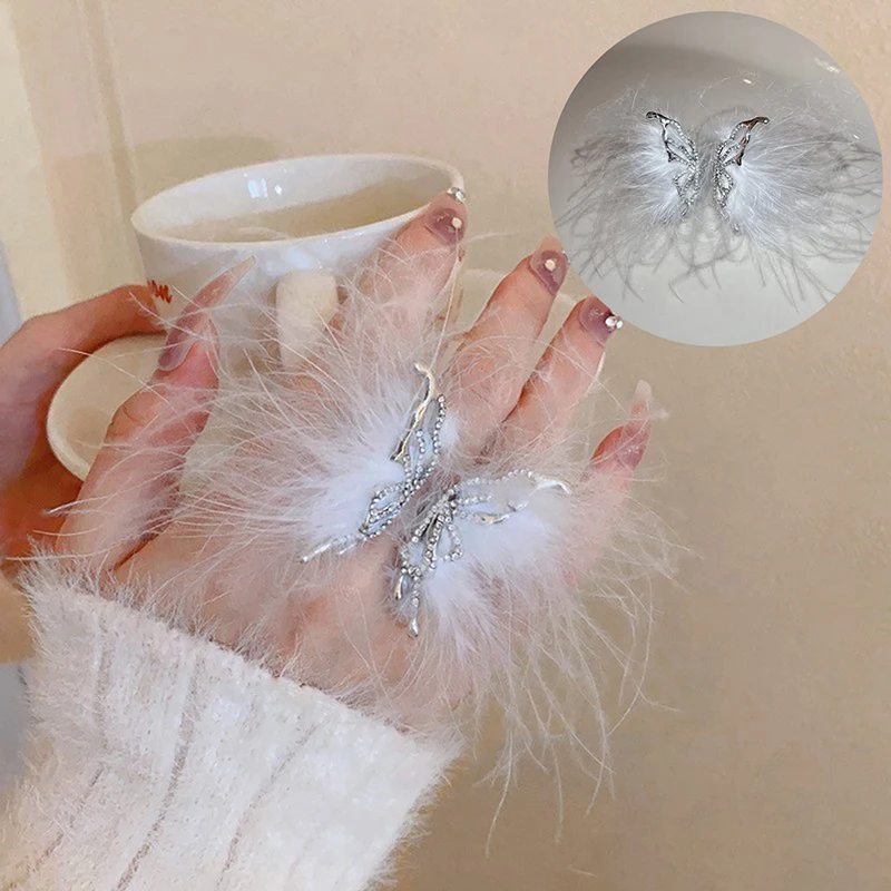 Feathered Butterfly Open Rings For Nail Photo Shoot Plush Handicraft Photographic Nail Ring Studio Nail Gel Color Makeup Display