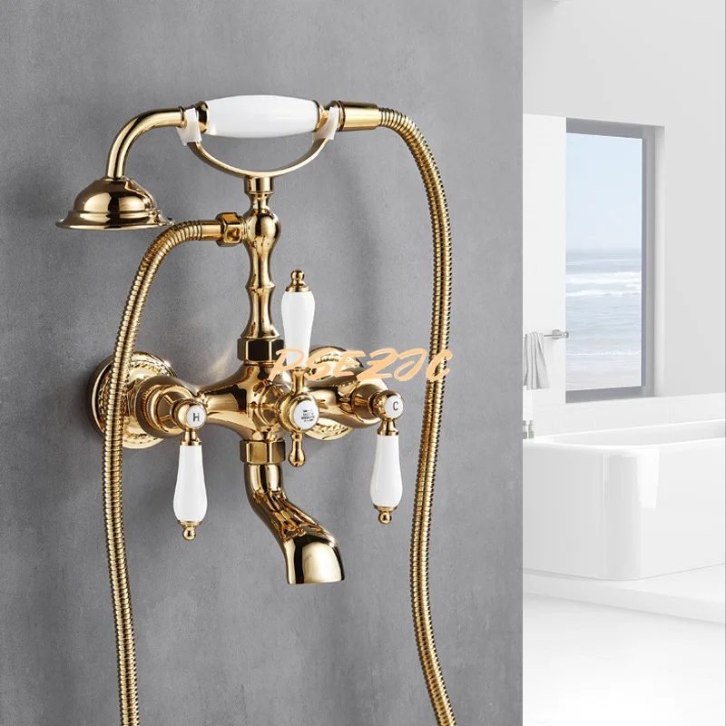 Household Retro Copper and Gold Bathtub Faucet Shower Ceramic Telephone Cold and Hot Faucet