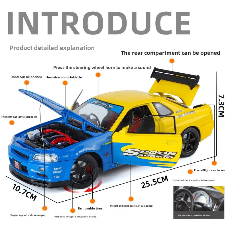 1:18 Nissan GT-R Skyline Decalcomania Modello di auto in lega Ragazzo Giocattolo per bambini Auto da corsa Ornamenti Collezione di luci sonore Voiture in miniatura