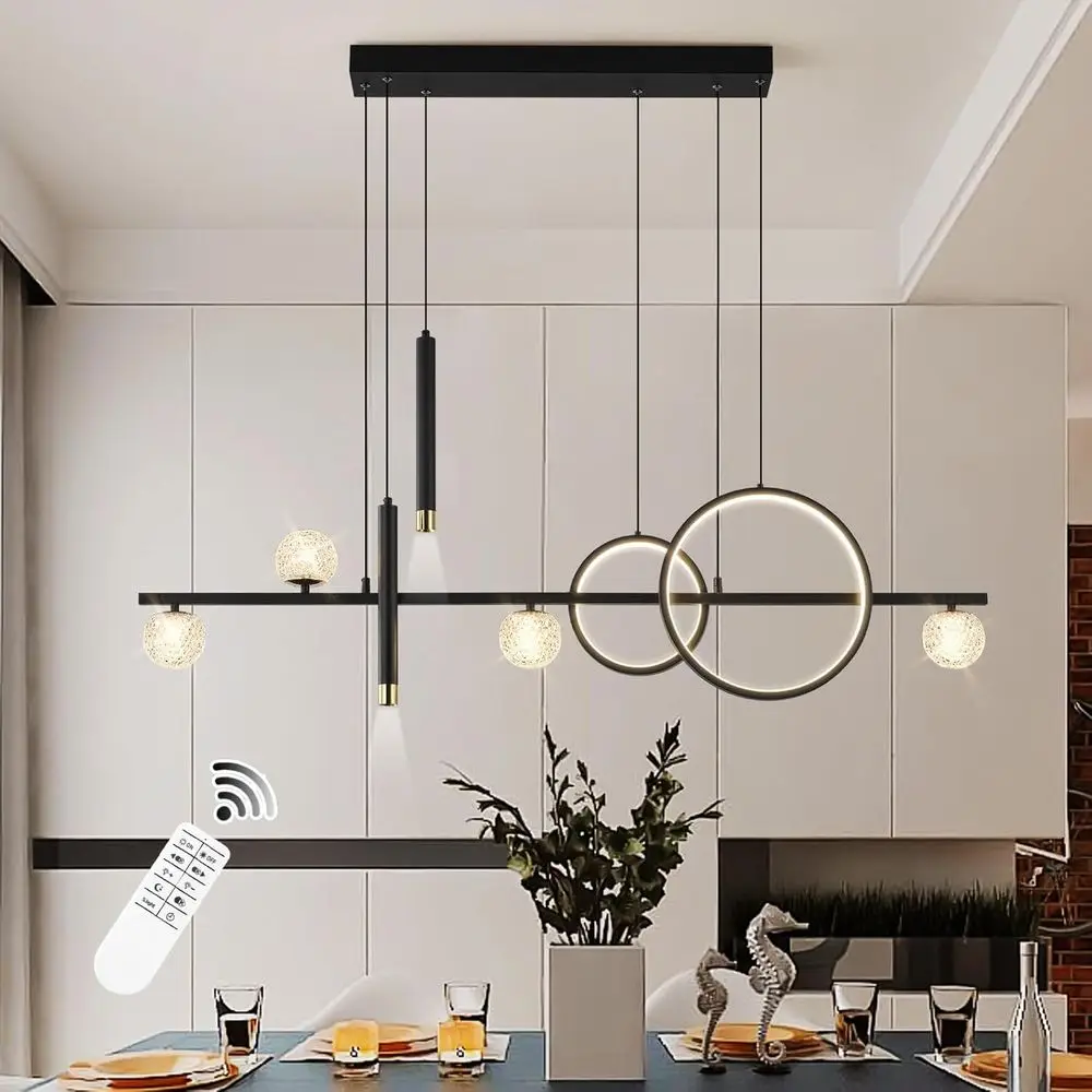 

ern LED Pendant Lights, Dimmable 47in Linear LED Chlier Lighting, Upgraded Black & Gold Dining Room Hanging Light ixtures Kitche