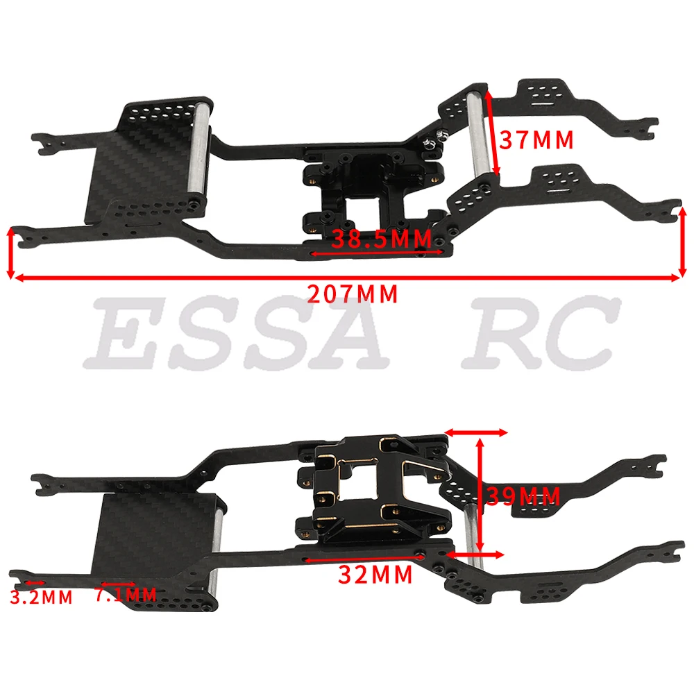 Carbon Fiber Chassis Kit Frame Girder with Brass Skid Plate for 1/18 RC Crawler TRX4M Bronco LCG Upgrade Part