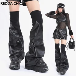 REDDACHiC Cyberpunk Y2k Stitch Knit Leather Leg Warmers Pockets Black Thigh-high Long Socks Japanese Boots Covers Women's Gaiter