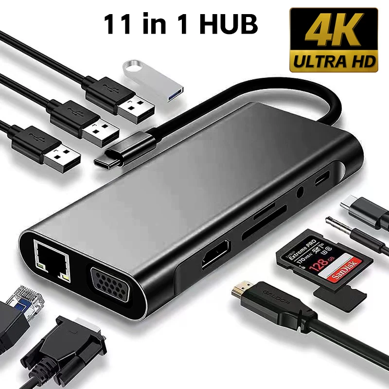 11 in 1 Type C Hub 4K 30Hz USB C to HDMI-compatible USB 3.1 Adapter Converter Docking Station Splitter for MacBook Pro Air