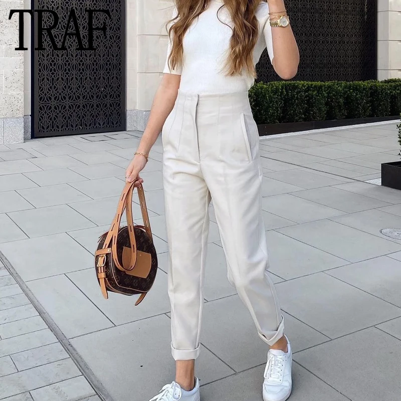 TRAF Women\'s Pants Beige Pencil High Waist Pants For Women Office Casual Elegant Woman Trousers Fashion Streetwear Summer Pants