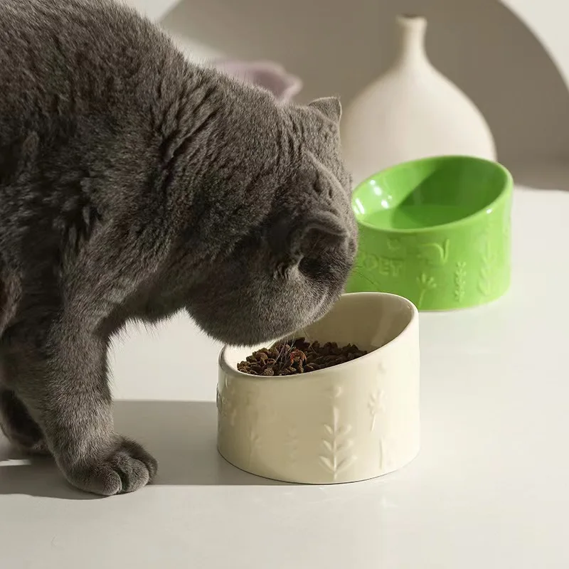 Tigela de cerâmica para gatos, tigela para beber arroz, boca oblíqua, anti-mento escuro, tigela para animais de estimação, tigela de comida para cães, alimentador para animais de estimação