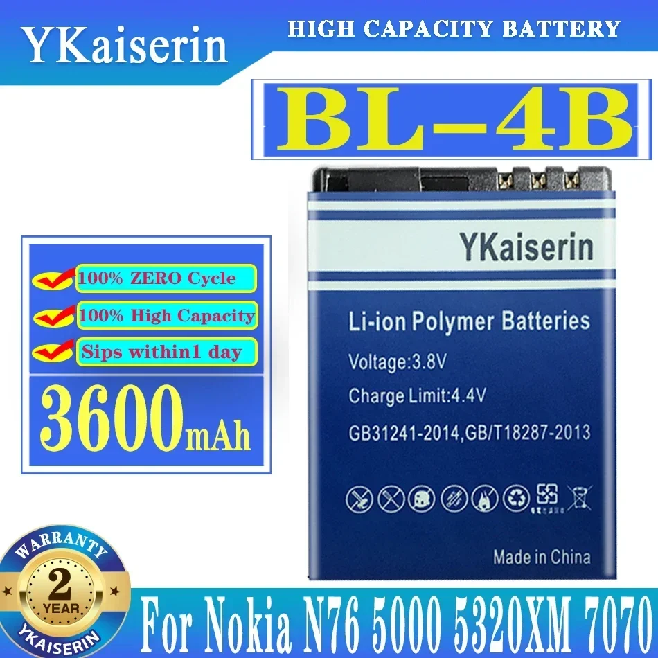 YKaiserin BL-4B BL4B Battery 3600mah Replacement For Nokia N76 5000 5320XM 7070 2505 2630 2660 2760 7088 2730 6111 N75 Batterij