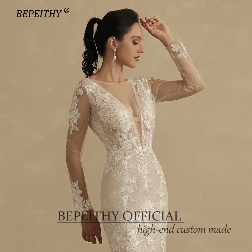 BEPEITHY personalizado sirena Champange vestido de novia de encaje de manga larga para mujer 2022 novia Sexy espalda abierta nupcial vestido de fiesta bohemio