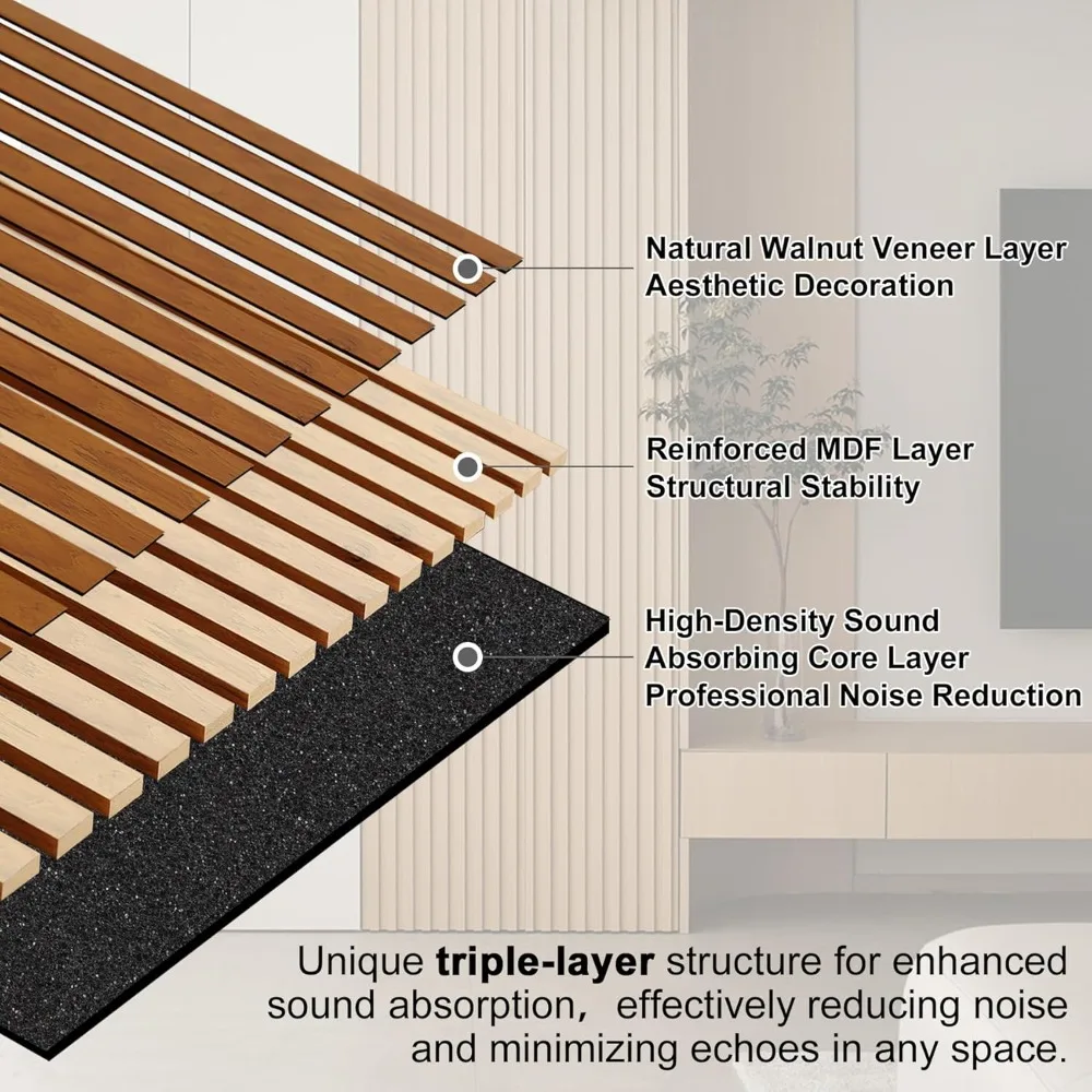 Акустические стеновые панели с планками, 4 шт. 94,5 x 7,9 дюйма, 3D рифленые звукопоглощающие панели для внутреннего декора стен, жизни