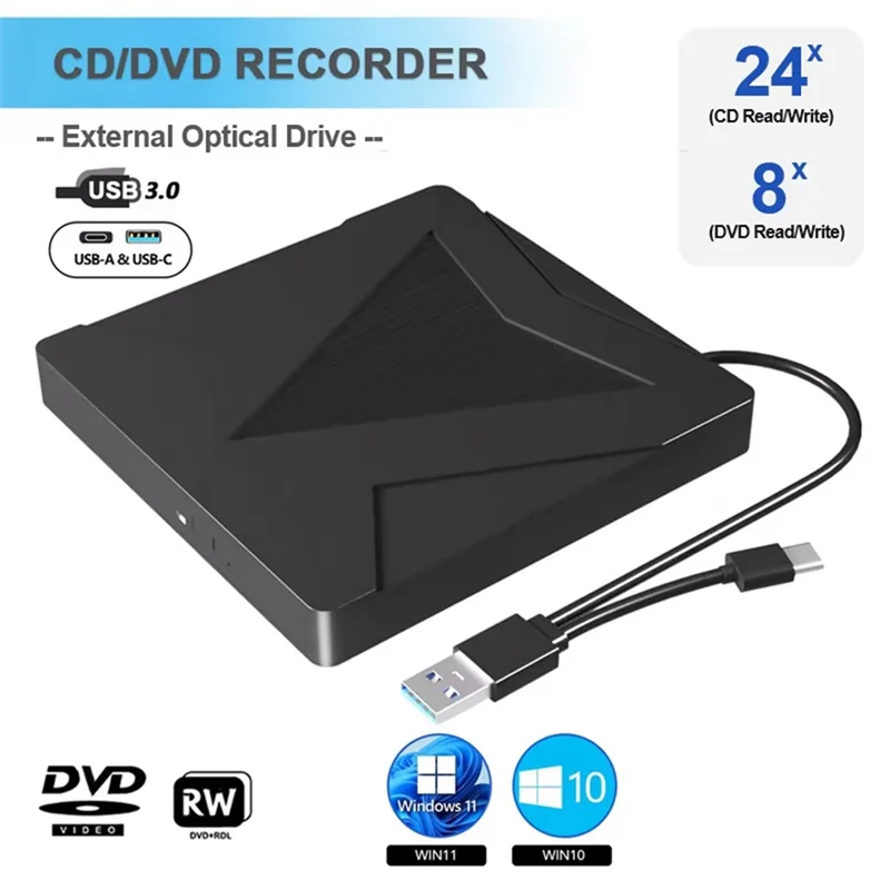 محرك أقراص DVD خارجي CD DVD -/+RW Player Burner محرك الأقراص الضوئية المحمول لأجهزة الكمبيوتر المحمول والكمبيوتر المحمول Windows 11 10 Mac