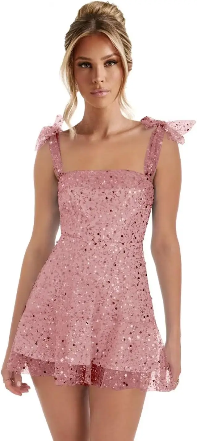 

Тюлевые бретельки, платья для встречи выпускников, 2025 г., блестящее коктейльное платье с блестками, выпускное платье с бантом