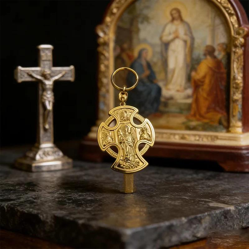Gold Plated Catholic Orthodox Celtic Cross Keychain with St Michael Archangel for Car Key Ring Religious Amulet Christian Gift